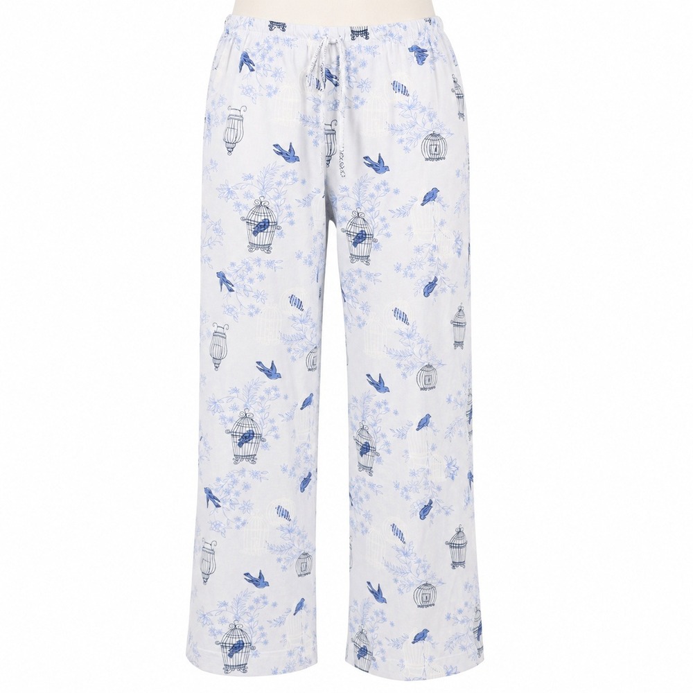 Simply Basic Womens 3XL Pajama Pants Blue Bird Birdcage Print 100% Cotton White